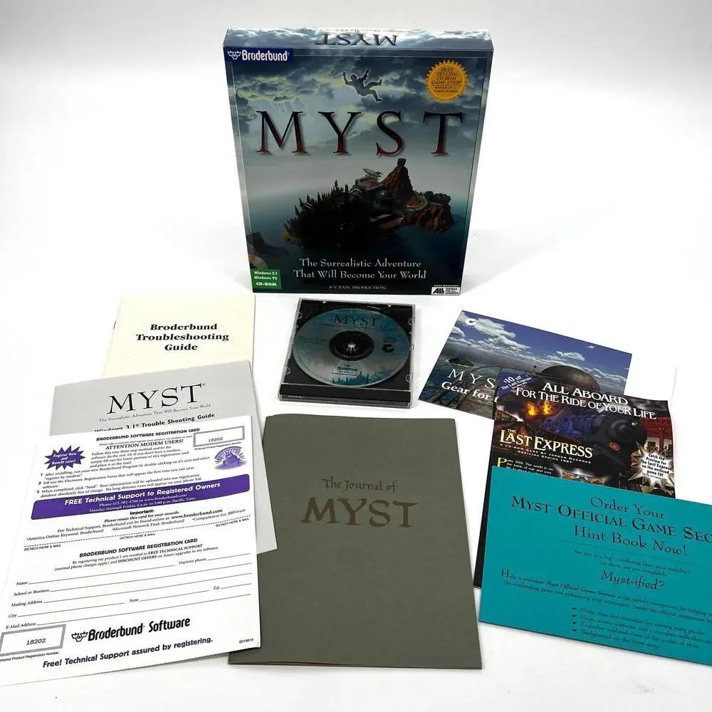 Myst Big Box 90s Vintage PC Game Unsealed Complete Disc User Manual Box Papers